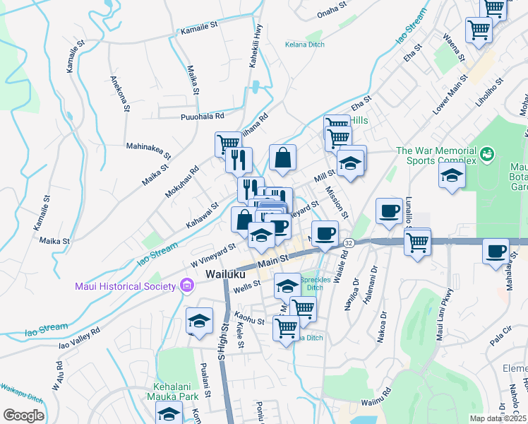 map of restaurants, bars, coffee shops, grocery stores, and more near 1981 Olu Drive in Wailuku