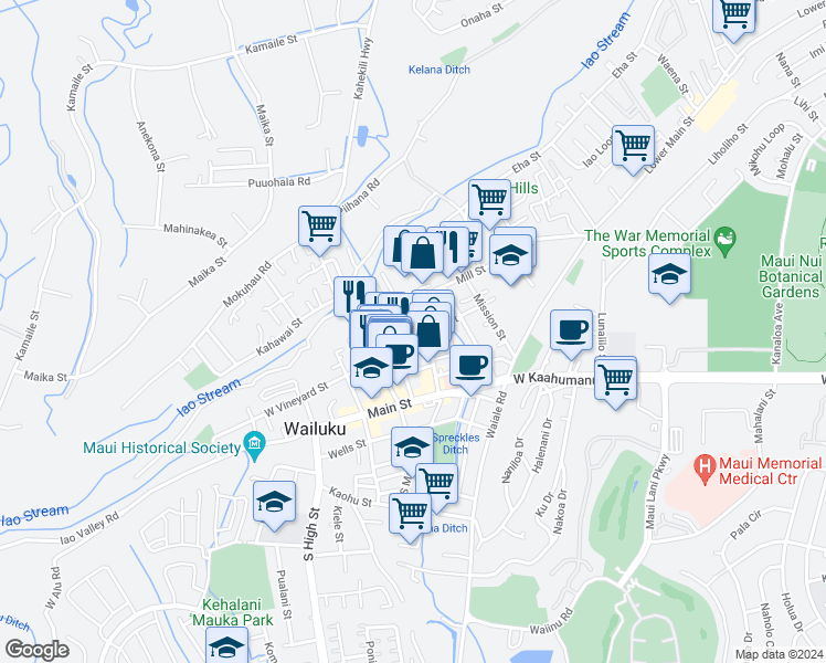 map of restaurants, bars, coffee shops, grocery stores, and more near 1920A East Vineyard Street in Wailuku