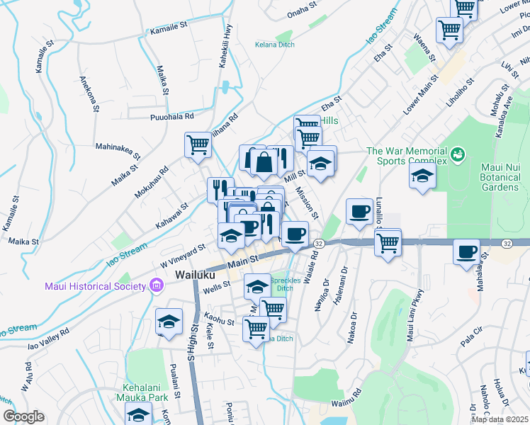 map of restaurants, bars, coffee shops, grocery stores, and more near 1920A East Vineyard Street in Wailuku