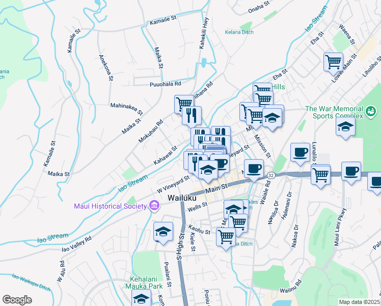 map of restaurants, bars, coffee shops, grocery stores, and more near in Wailuku