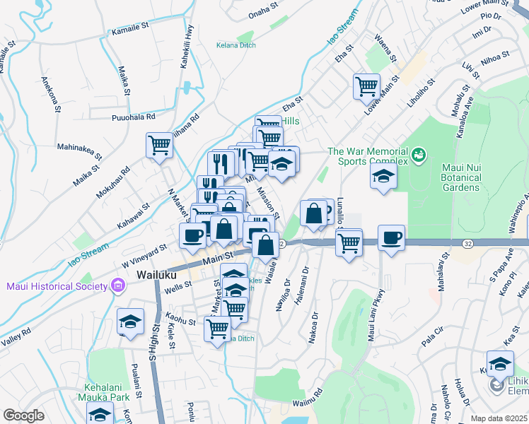 map of restaurants, bars, coffee shops, grocery stores, and more near 69 Kaulike Place in Wailuku