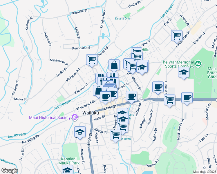 map of restaurants, bars, coffee shops, grocery stores, and more near 1981 Olu Drive in Wailuku