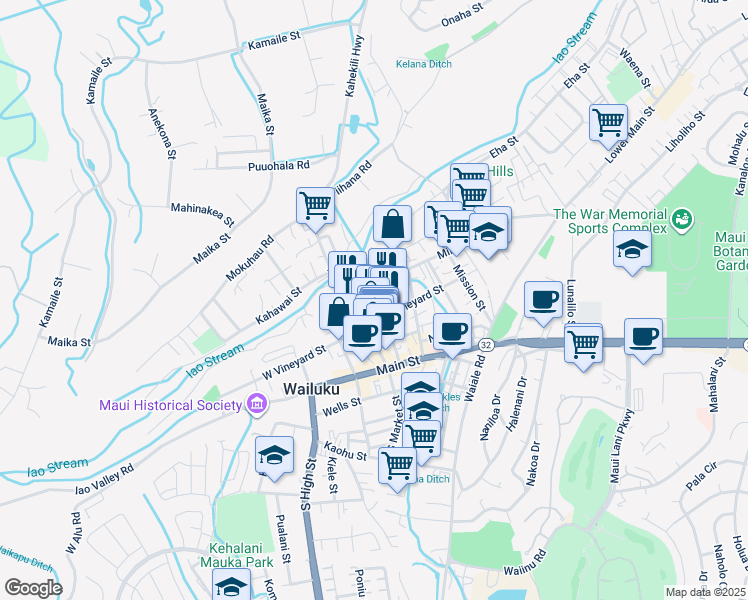 map of restaurants, bars, coffee shops, grocery stores, and more near 1981 Olu Drive in Wailuku