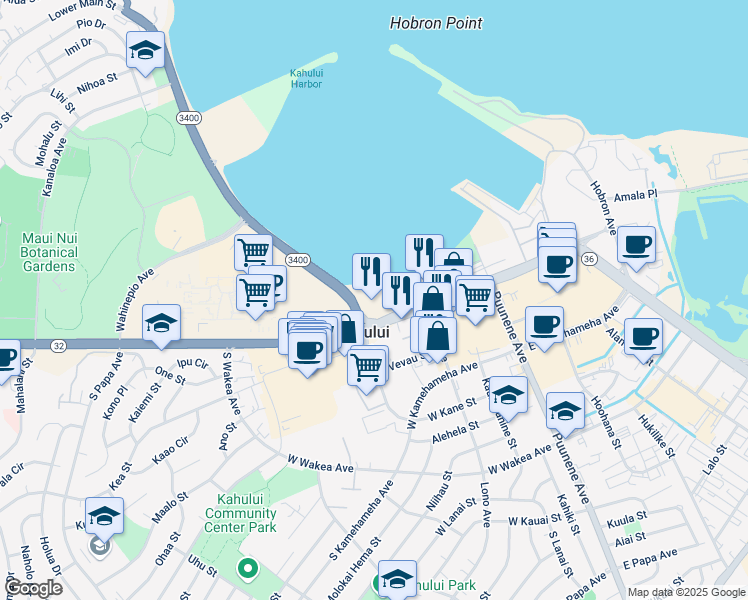 map of restaurants, bars, coffee shops, grocery stores, and more near 170 West Kaahumanu Avenue in Kahului