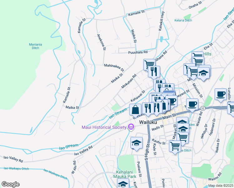 map of restaurants, bars, coffee shops, grocery stores, and more near Mokuhau Road in Wailuku