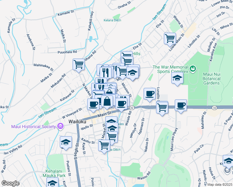 map of restaurants, bars, coffee shops, grocery stores, and more near 1815 East Vineyard Street in Wailuku