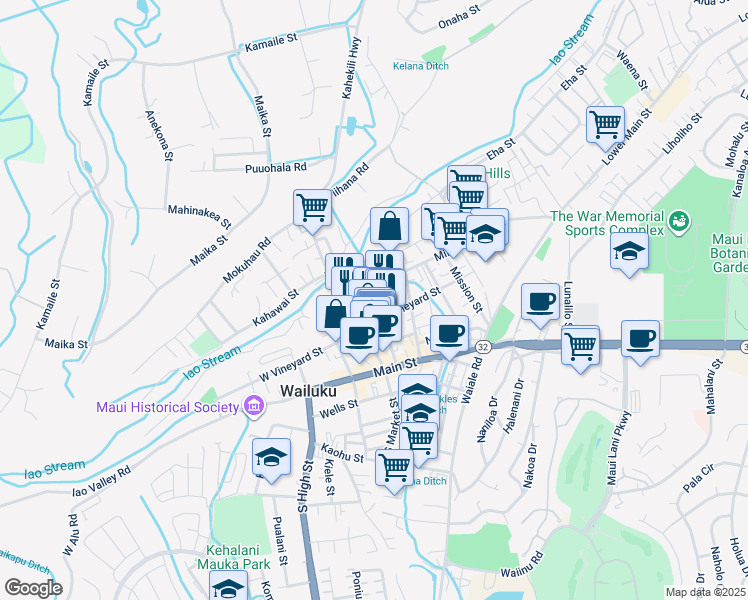 map of restaurants, bars, coffee shops, grocery stores, and more near 1981 Olu Drive in Wailuku