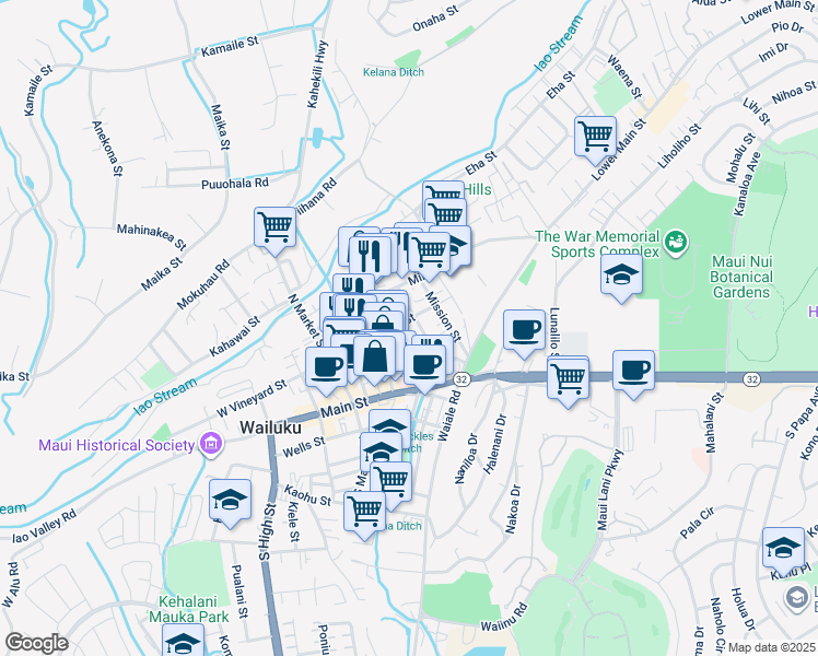map of restaurants, bars, coffee shops, grocery stores, and more near 1821 East Vineyard Street in Wailuku