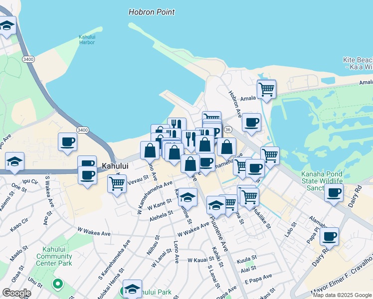 map of restaurants, bars, coffee shops, grocery stores, and more near 27 Puunene Avenue in Kahului