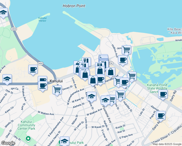 map of restaurants, bars, coffee shops, grocery stores, and more near 27 Puunene Avenue in Kahului