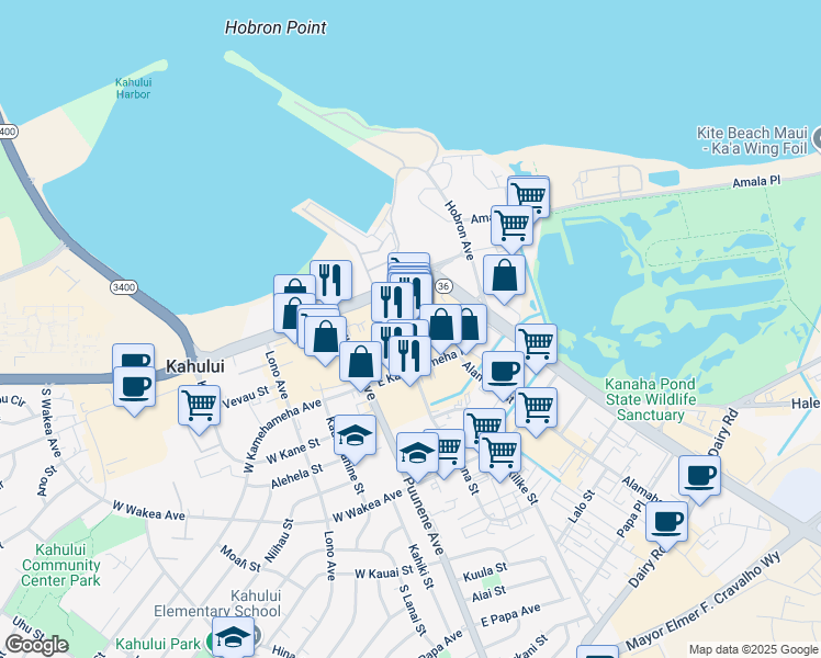 map of restaurants, bars, coffee shops, grocery stores, and more near 70 East Kaahumanu Avenue in Kahului