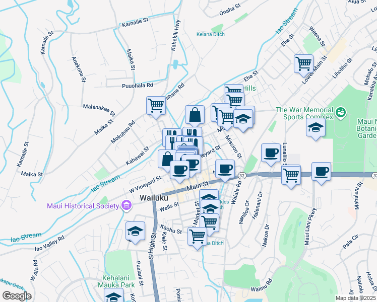map of restaurants, bars, coffee shops, grocery stores, and more near 1981 Olu Drive in Wailuku