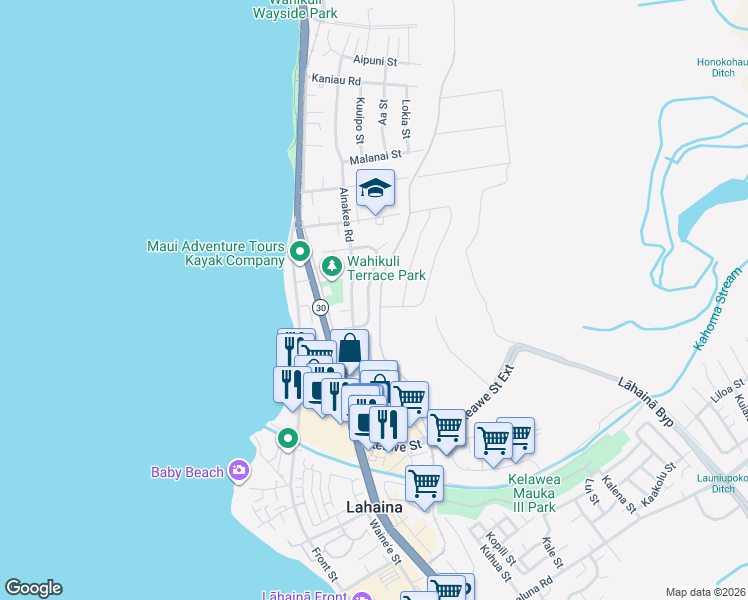 map of restaurants, bars, coffee shops, grocery stores, and more near 1336 Kahoma Street in Lahaina