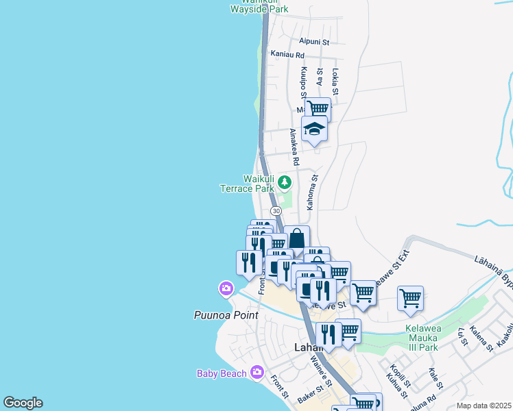 map of restaurants, bars, coffee shops, grocery stores, and more near 1403 Front Street in Lahaina
