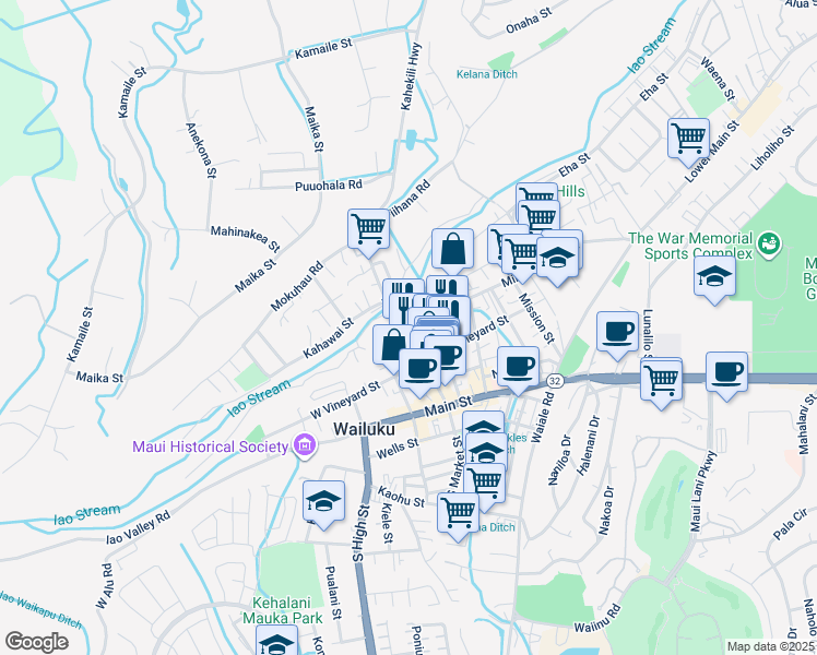map of restaurants, bars, coffee shops, grocery stores, and more near 1981 Olu Drive in Wailuku