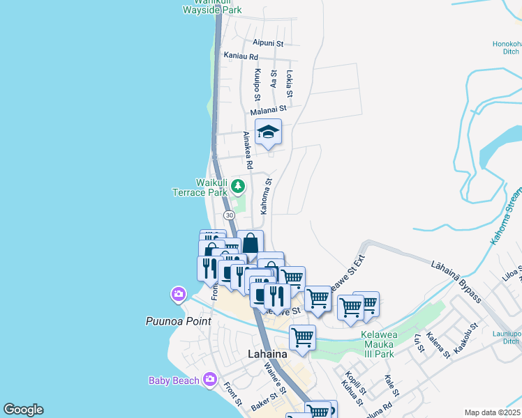 map of restaurants, bars, coffee shops, grocery stores, and more near 1337 Kahoma Street in Lahaina