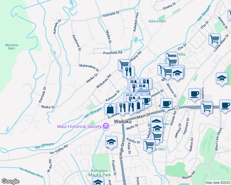 map of restaurants, bars, coffee shops, grocery stores, and more near 2124 Kahawai Street in Wailuku