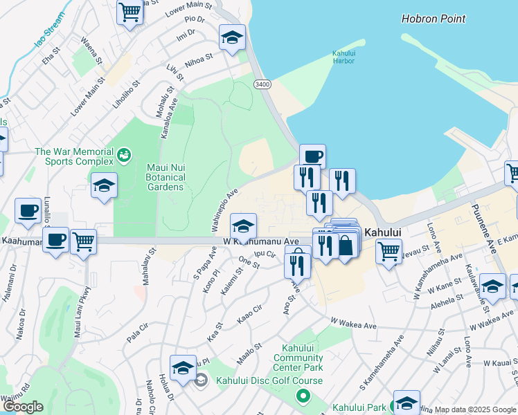 map of restaurants, bars, coffee shops, grocery stores, and more near 310 West Kaahumanu Avenue in Kahului