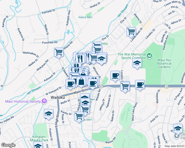 map of restaurants, bars, coffee shops, grocery stores, and more near 80 Kaniela Street in Wailuku
