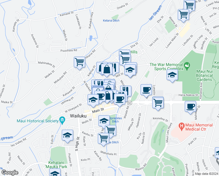 map of restaurants, bars, coffee shops, grocery stores, and more near 118 Central Avenue in Wailuku