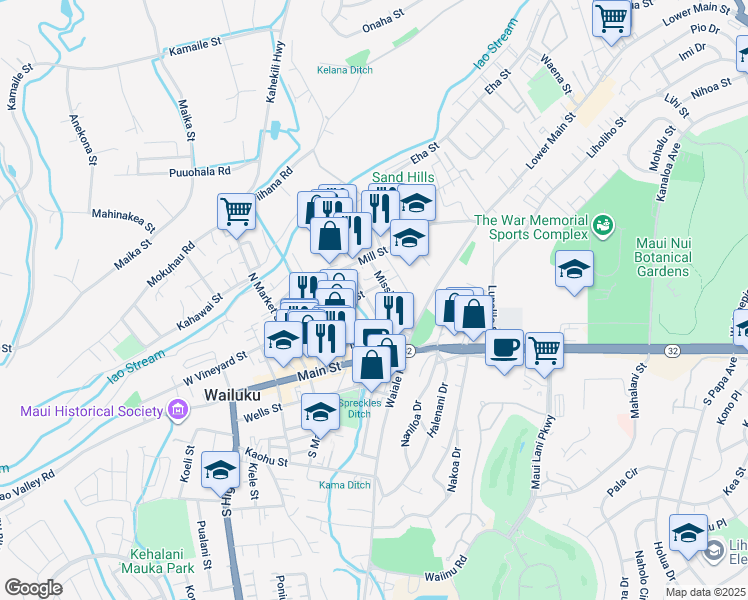 map of restaurants, bars, coffee shops, grocery stores, and more near 80 Kaniela Street in Wailuku