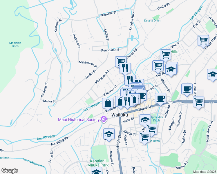 map of restaurants, bars, coffee shops, grocery stores, and more near 319 Alani Place in Wailuku