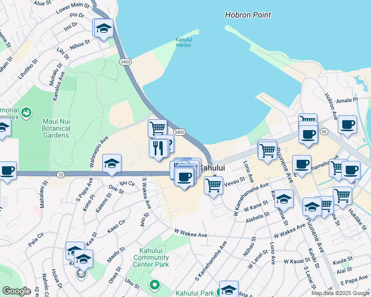 map of restaurants, bars, coffee shops, grocery stores, and more near 111 Kahului Beach Road in Kahului