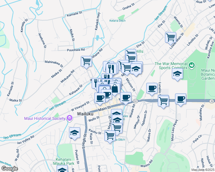 map of restaurants, bars, coffee shops, grocery stores, and more near 1920A East Vineyard Street in Wailuku