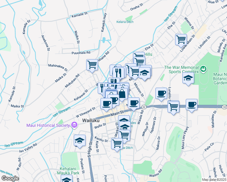 map of restaurants, bars, coffee shops, grocery stores, and more near 1920A East Vineyard Street in Wailuku