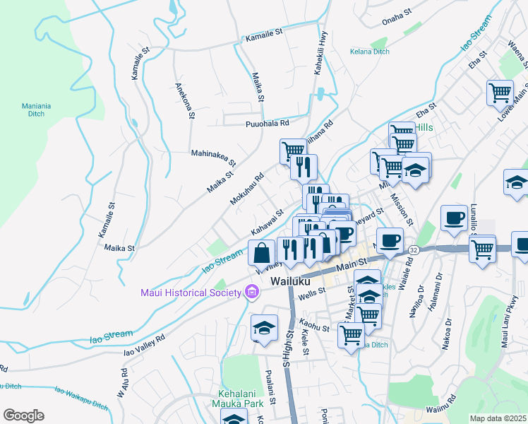 map of restaurants, bars, coffee shops, grocery stores, and more near 319 Alani Place in Wailuku
