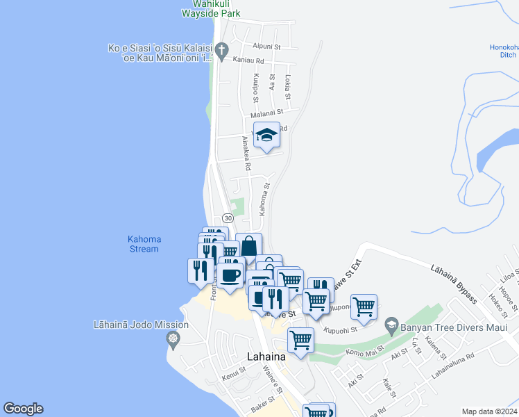 map of restaurants, bars, coffee shops, grocery stores, and more near 1343 Kahoma Street in Lahaina
