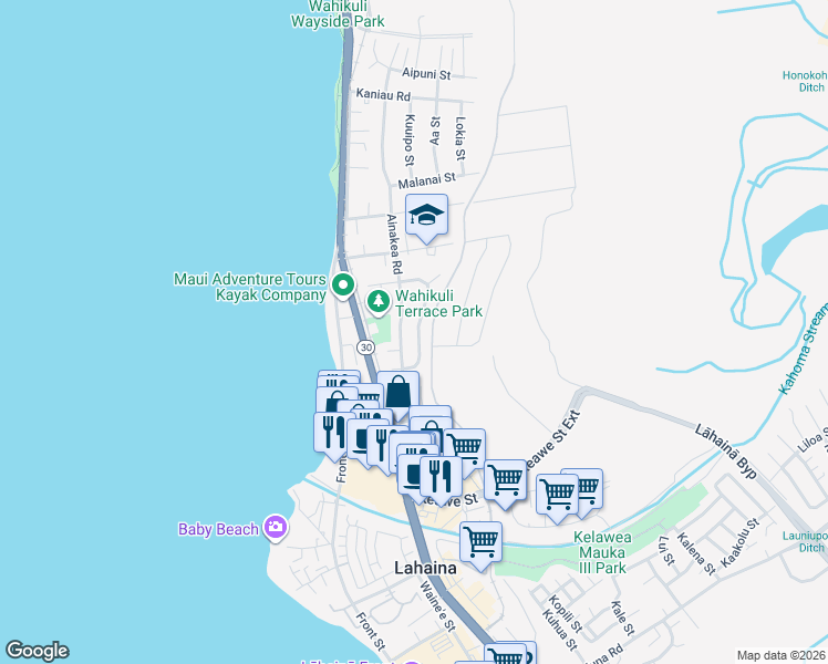 map of restaurants, bars, coffee shops, grocery stores, and more near 1343 Kahoma Street in Lahaina