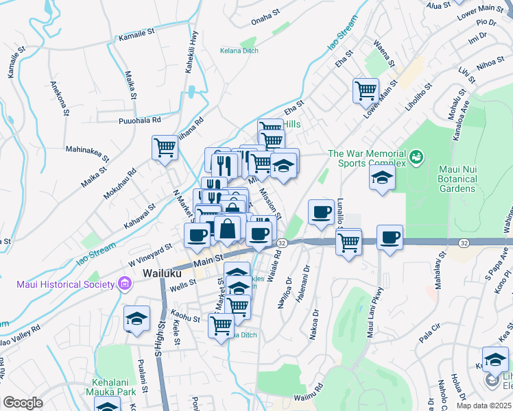 map of restaurants, bars, coffee shops, grocery stores, and more near East Vineyard Street in Wailuku