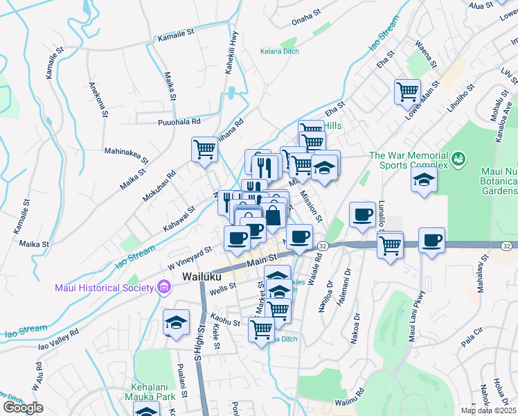 map of restaurants, bars, coffee shops, grocery stores, and more near 166 Olu Drive in Wailuku
