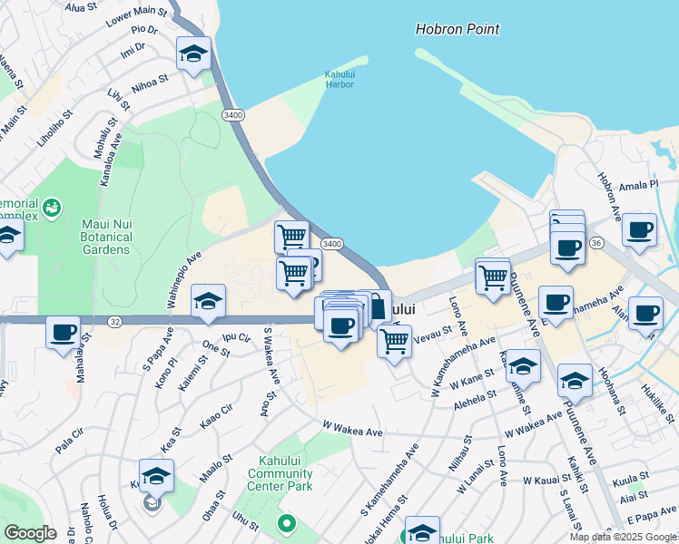 map of restaurants, bars, coffee shops, grocery stores, and more near 65 Kahului Beach Road in Kahului