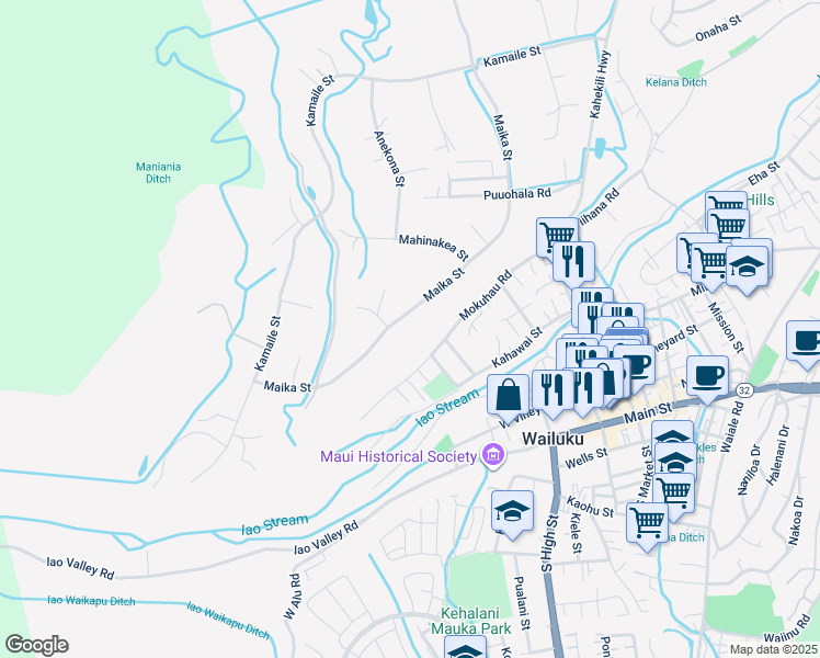 map of restaurants, bars, coffee shops, grocery stores, and more near 250 Maika Street in Wailuku