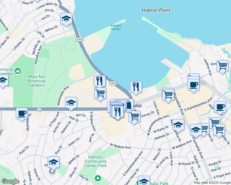 map of restaurants, bars, coffee shops, grocery stores, and more near 111 Kahului Beach Road in Kahului