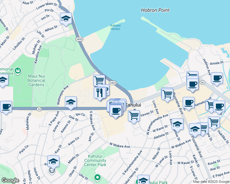 map of restaurants, bars, coffee shops, grocery stores, and more near 111 Kahului Beach Road in Kahului