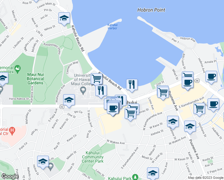 map of restaurants, bars, coffee shops, grocery stores, and more near 65 Kahului Beach Road in Kahului