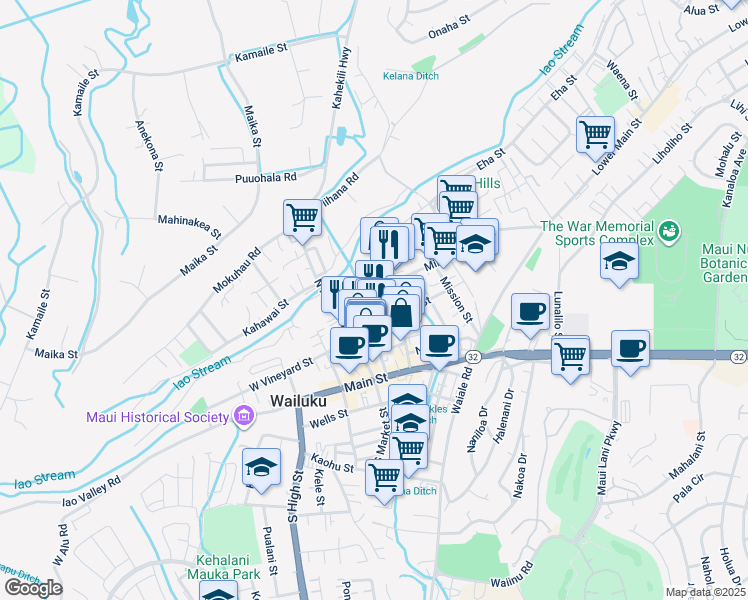 map of restaurants, bars, coffee shops, grocery stores, and more near 183 Olu Drive in Wailuku