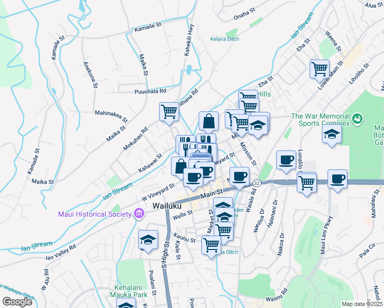 map of restaurants, bars, coffee shops, grocery stores, and more near 1981 Olu Drive in Wailuku