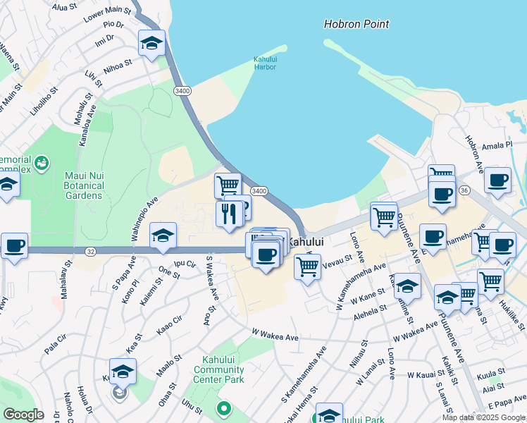 map of restaurants, bars, coffee shops, grocery stores, and more near 111 Kahului Beach Road in Kahului