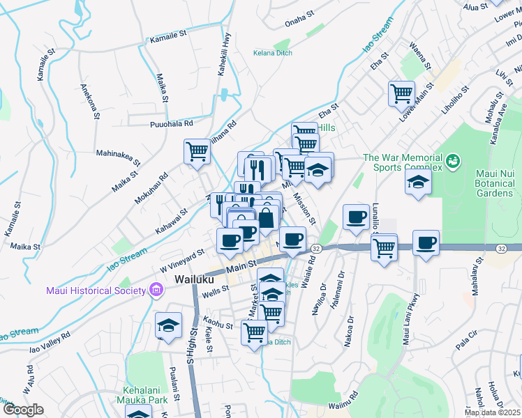map of restaurants, bars, coffee shops, grocery stores, and more near 1920A East Vineyard Street in Wailuku