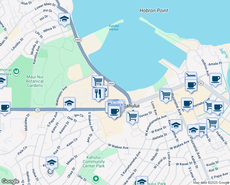 map of restaurants, bars, coffee shops, grocery stores, and more near 111 Kahului Beach Road in Kahului