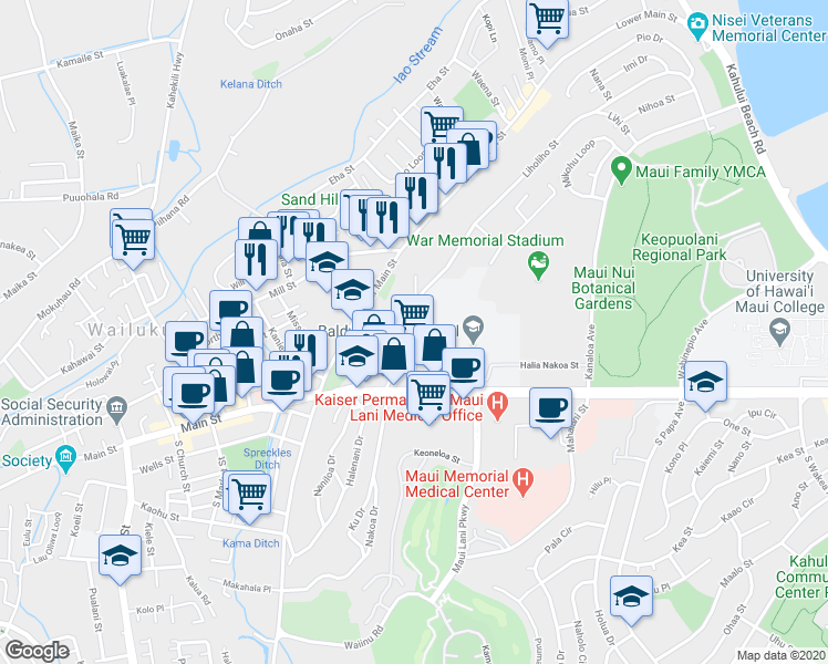 map of restaurants, bars, coffee shops, grocery stores, and more near Lunalilo Street in Wailuku