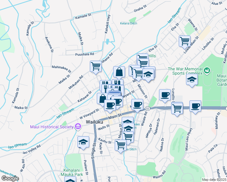 map of restaurants, bars, coffee shops, grocery stores, and more near 1981 Olu Drive in Wailuku