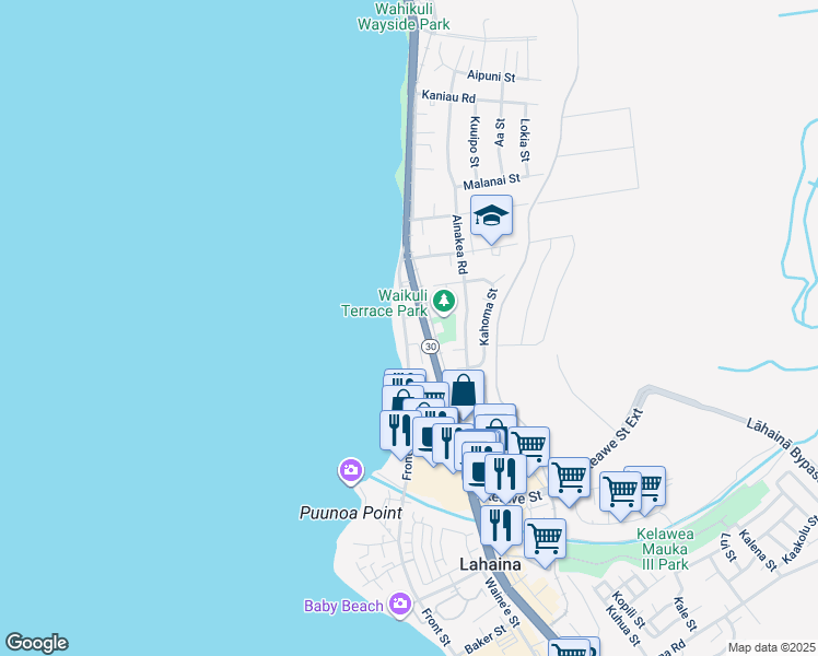map of restaurants, bars, coffee shops, grocery stores, and more near 1403 Front Street in Lahaina