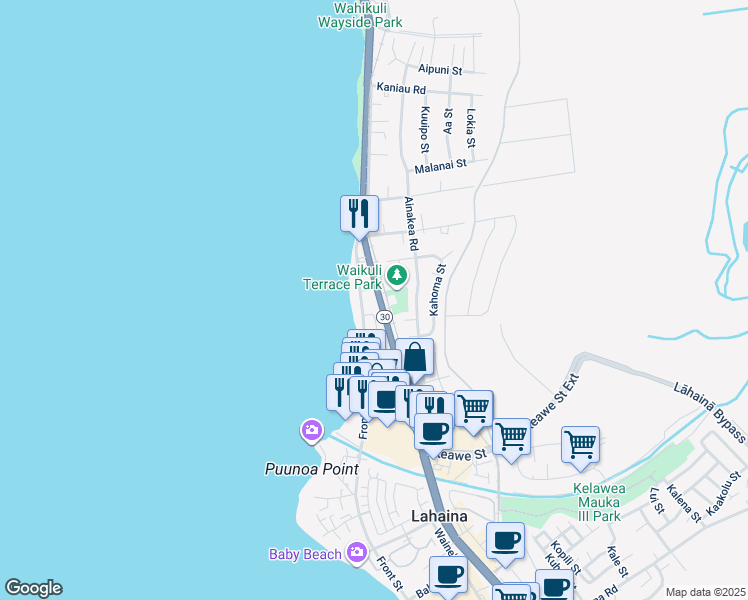 map of restaurants, bars, coffee shops, grocery stores, and more near 1404 Olona Place in Lahaina