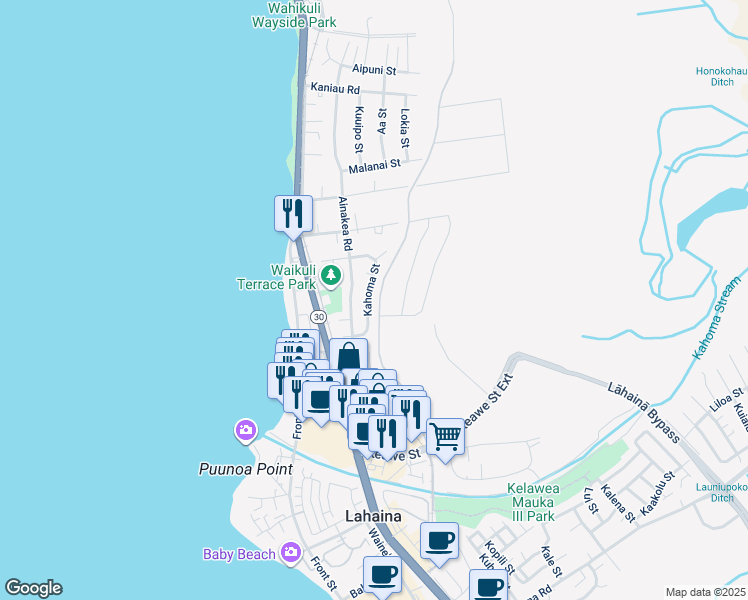 map of restaurants, bars, coffee shops, grocery stores, and more near 1350 Kahoma Street in Lahaina
