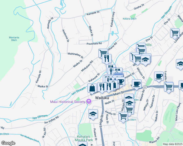 map of restaurants, bars, coffee shops, grocery stores, and more near 341 Alani Place in Wailuku